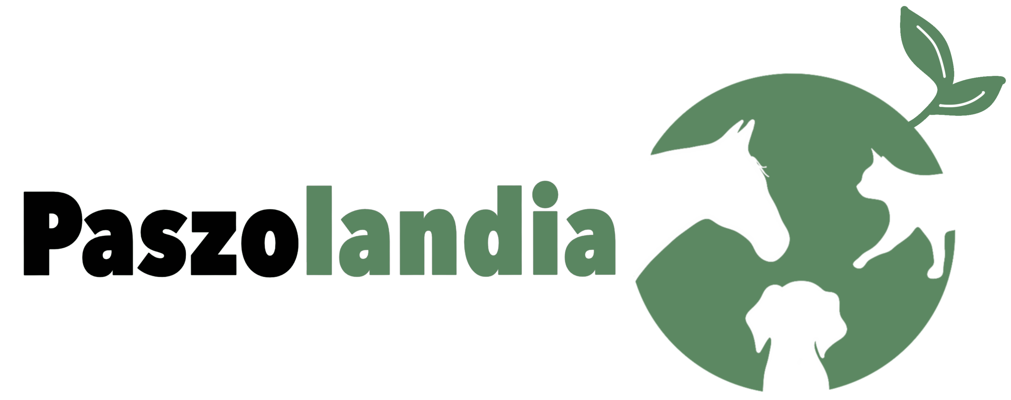 Napis Paszolandia i logo. Sklep z paszami dla koni, karmami dla psów i kotów.