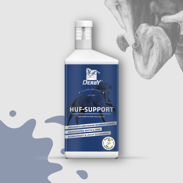 Niebiesko-biała butelka suplement dla koni na kopyta DERBY Huf-Support.