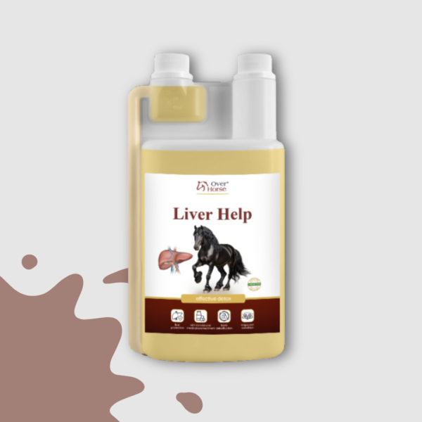 Butelka z dozownikiem na sarym tle. Preparat dla koni wspierający wątrobę Over Horse Liver Help.