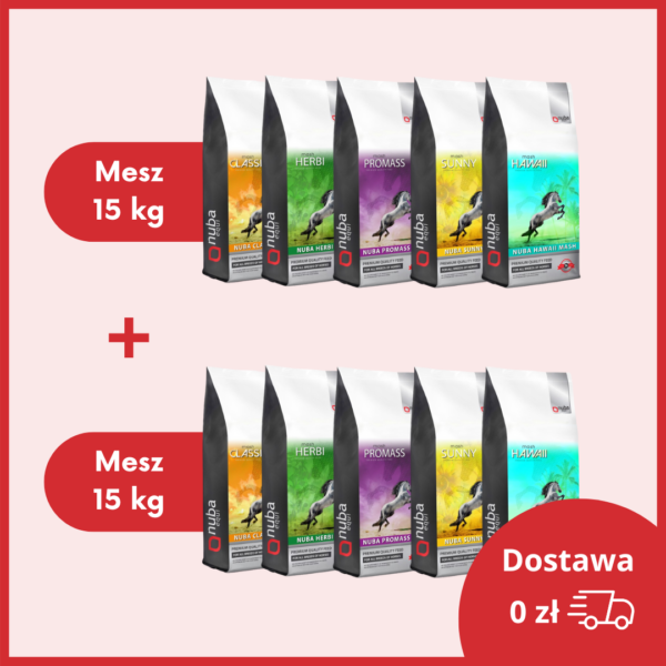 Kilka worków z różnymi meszami dla koni marki Nuba Equi: Herbi Mash, ProMass Mash, Classic Mash, Sunny Mash.