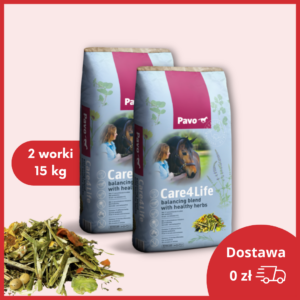 Dwa worki paszy PAVO Care4Life na czerwonym tle.