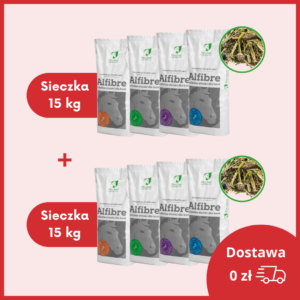 Wiele worków z sieczką Pro-Linen 15 kg na czerwonym tle.