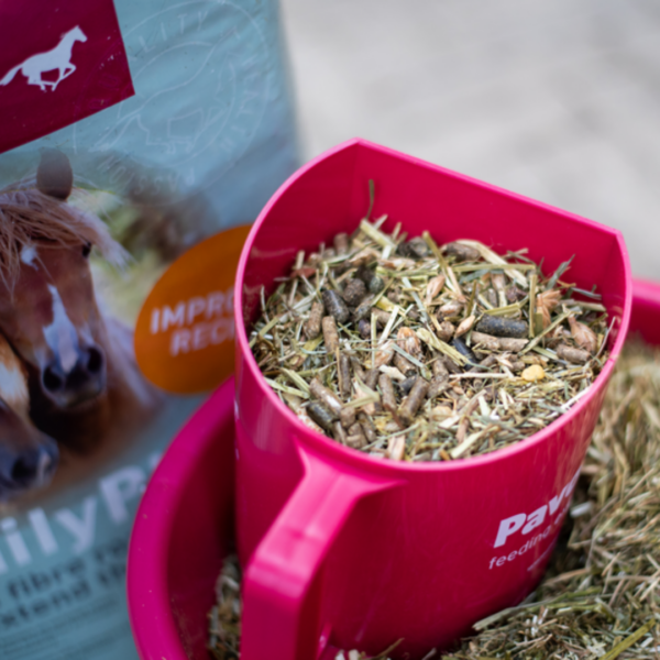 Różowa miarka z sieczką DailyPlus. W tle worek paszy Pavo.