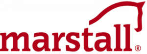 Marstall - czerwone logo z koniem. Producent pasz, sieczek i suplementów dla koni i kuców.