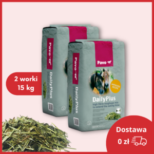 Dwupak niemelasowanej sieczki dla koni Pavo DailyPlus na czerwonym tle.