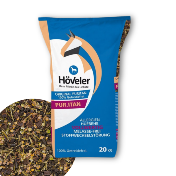 Niebieskie opkowanie z musli HÖVELER Pur.Itan dla koni z problemami skórnymi i metabolicznymi.